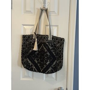 Nalini Tote Bag Black Ivory Geometric Knit Tassel Accent Shoulder Purse Artsy